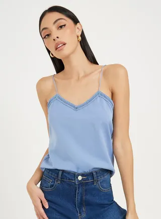 Satin Lace Trim V Neck Cami Top