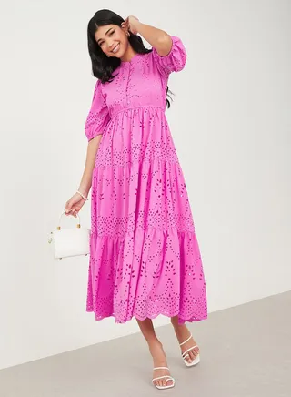 Puff Sleeve Self Design A-Line Midi Dress