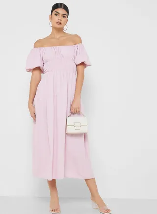 Off Shouldered Dress With Ruching
