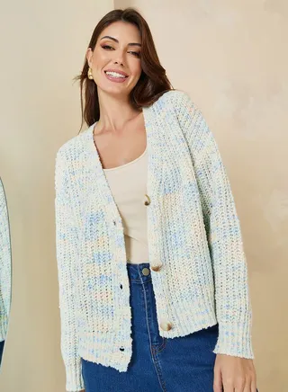 Short Length Multi Yarn Button Down Boxy Fit Cardigan