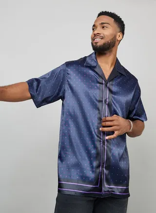 Polka Printed Satin Shirt with Cuban Collar