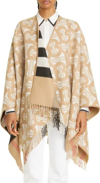 TB Monogram & Check Reversible Wool & Cashmere Cape