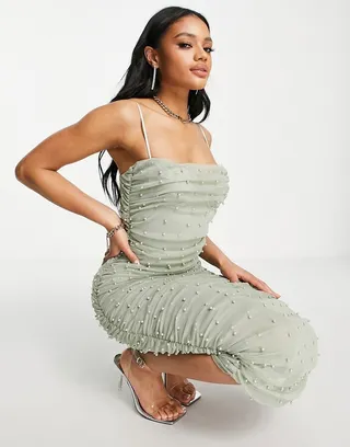 ASOS DESIGN cami ruched pearl mesh body-conscious midi dress in sage