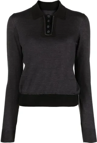 Fine-Knit Long-Sleeve Polo Top