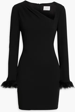 Faux fur-trimmed crepe mini dress