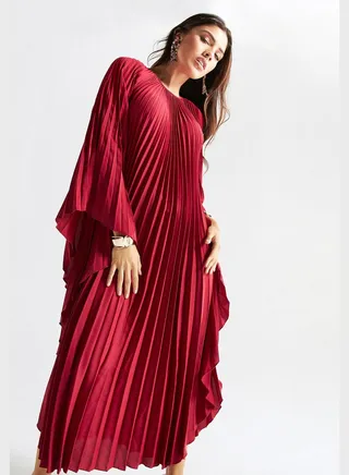 Pleated Flared Sleeve Dress