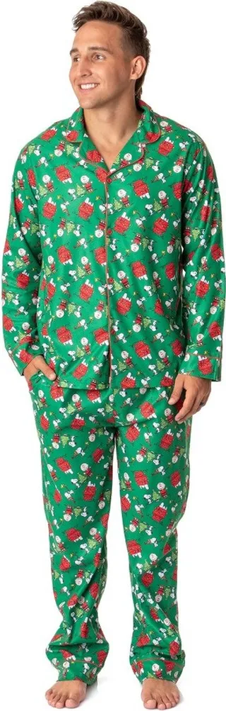 Peanuts Mens' Christmas Snoopy Charlie Brown Button Sleep Pajama Set (X-Large) Green