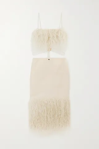 Jacquemus - Cutout Leather And Raffia-trimmed Cotton-blend Canvas Midi Dress - Ivory
