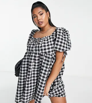 ASOS DESIGN Curve Exclusive parachute mini smock dress in mono check