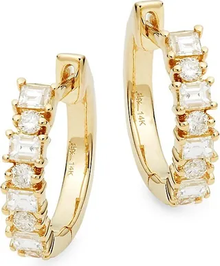 14K Yellow Gold Diamond Huggie Hoop Earrings