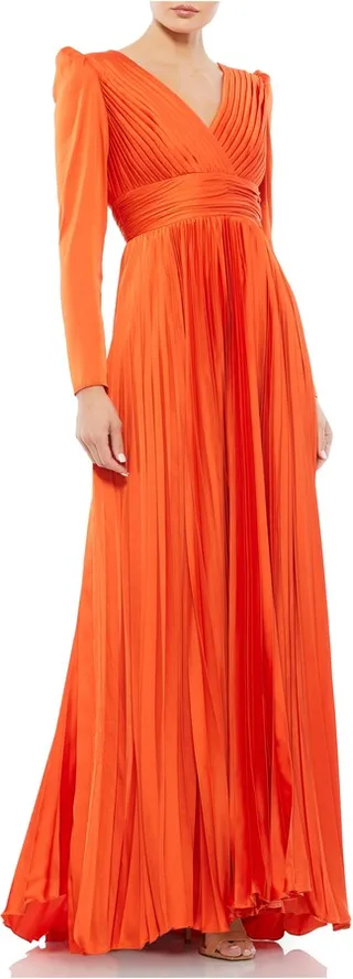 Long Sleeve Pleated Chiffon A-Line Gown