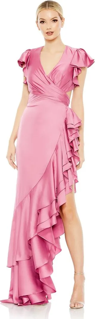 Flutter Sleeve Cut Out Asymmetrical Ruffled Gown