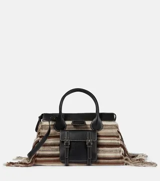 Edith Large fringe-trimmed striped cashmere and leather tote