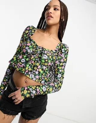 Miss Selfridge long puff sleeve floral shirred top in black