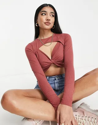 Miss Selfridge twist front long sleeve rib top in rust