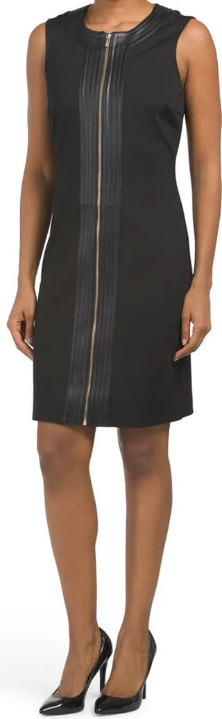 Sleeveless Front Zipper Dress With Faux Leather Trim