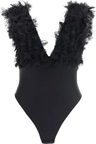 Pinko V-Neck Tulle Ruffles Detail Bodysuit