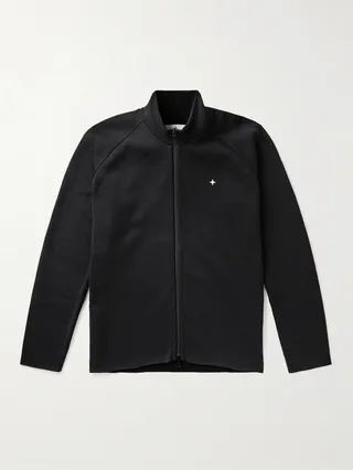 Logo-Embroidered Ribbed-Knit Zip-Up Sweater