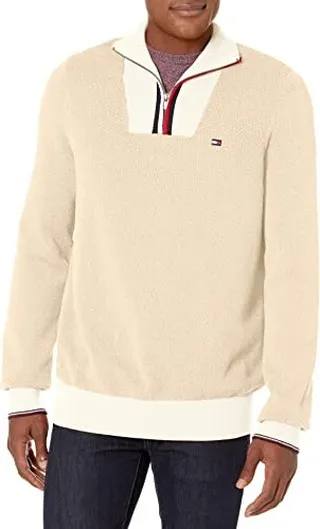 Tommy Hilfiger Men's Big & Tall Tall Long Sleeve Cotton Stripe Quarter Zip Pullover Sweater