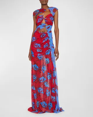 Twig Print Ruched Cut-Out Maxi Dress
