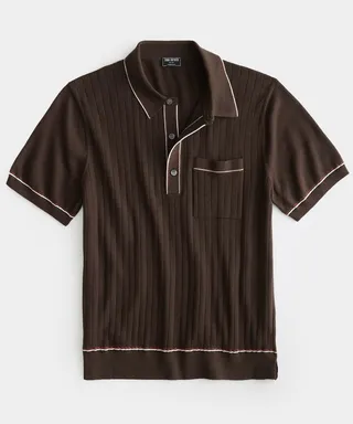 Italian Cotton Silk Tipped Riviera Sweater Polo in Espresso Bean