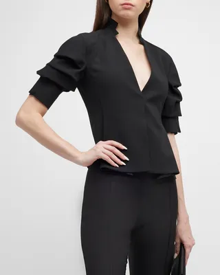Shirred-Sleeve Fitted Cashmere Jacket