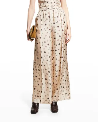 Nebbia Wide-Leg Silk Pull-On Pants