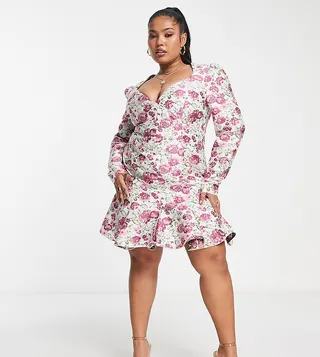 ASOS LUXE Curve sweetheart neck mini dress with long sleeves in floral jacquard