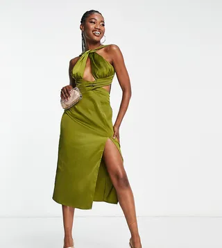 In The Style x Yasmin Devonport Exclusive twist halterneck cut-out midi dress in lime
