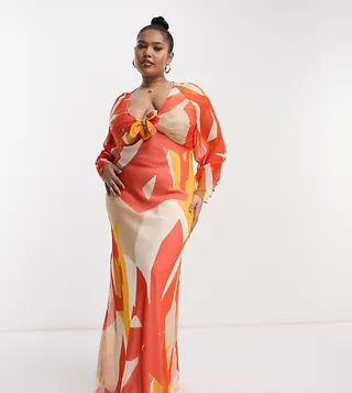 ASOS DESIGN Curve Exclusive tie front plunge maxi dress in orange abstract print