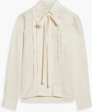Pussy-bow pintucked cotton-jacquard blouse