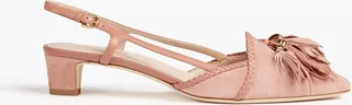 Embellished leather-trimmed suede slingback pumps