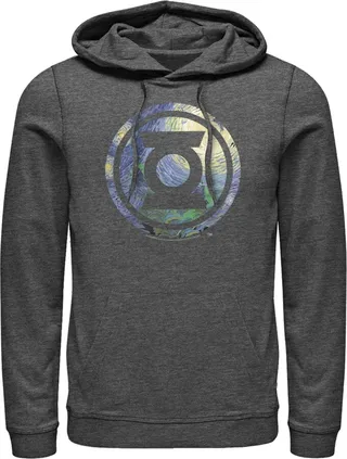 Men's Justice League Green Lantern Starry Night Logo Pull Over Hoodie - Charcoal Heather - Large