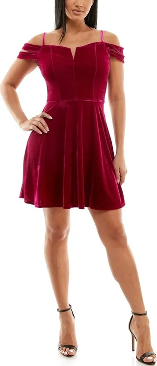 A. Byer Women's Stretch Velvet Off Shoulder Fit and Flare Dress