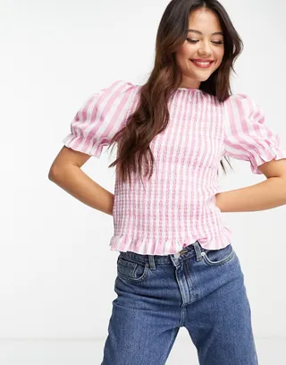 Glamorous puff sleeve shirred top in pink gingham
