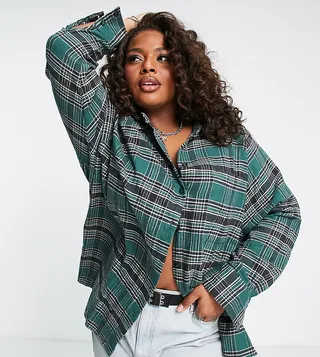 ASOS DESIGN Curve brushed boyfriend shirt with pocket in green & black check