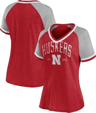 NCAA Nebraska Cornhuskers Women's Gray V-Neck Raglan T-Shirt - L
