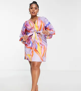 ASOS DESIGN Curve plunge tie front mini dress in purple marble print