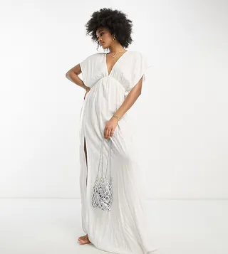 ASOS DESIGN Tall flutter sleeve maxi beach dress with channeled tie waist in white