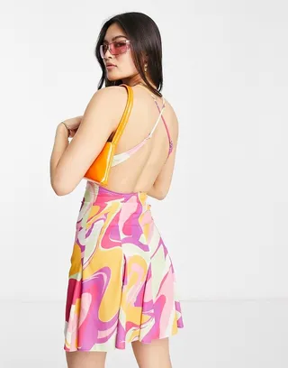 ASOS DESIGN strappy mini dress with flare skirt in bright swirl
