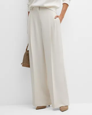 Monili-Trim Pleated Wide-Leg Crepe Cady Trousers