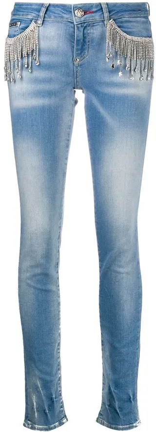 Crystal-Fringe Slim-Fit Jeans