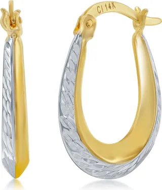 14K Two-Tone Gold Diamond Cut Oval Hoop Earrings