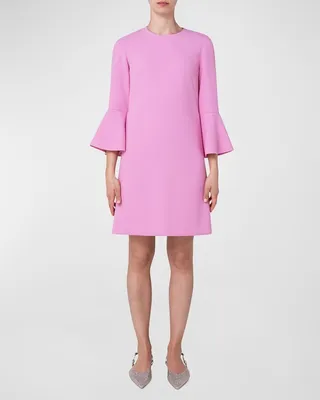 Flounce-Cuff Pebble Crepe Sable Shift Dress