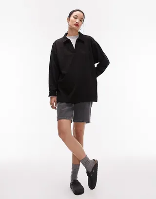 Topshop Premium basic oversized long sleeve polo top in black