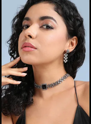 Silver Plated Designer Stone Party Wear Necklace and Earring Set For Women