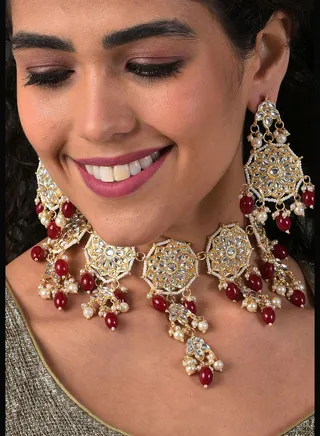 Gold Plated Kundan & Beads Necklace and Earrings Set