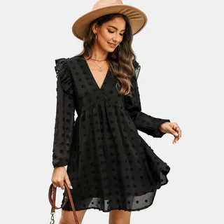 Women's Clip Dot Ruffled Mini Dress -Cupshe-S-Black