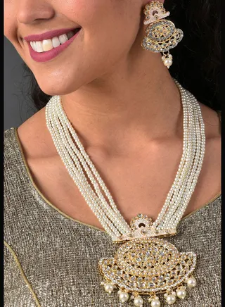 Gold Plated Kundan Pearl Necklace and Earrings Set