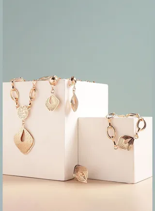 Gold Plated Designer Stone Party Necklace, Earring, Ring and Bracelet Set For Women